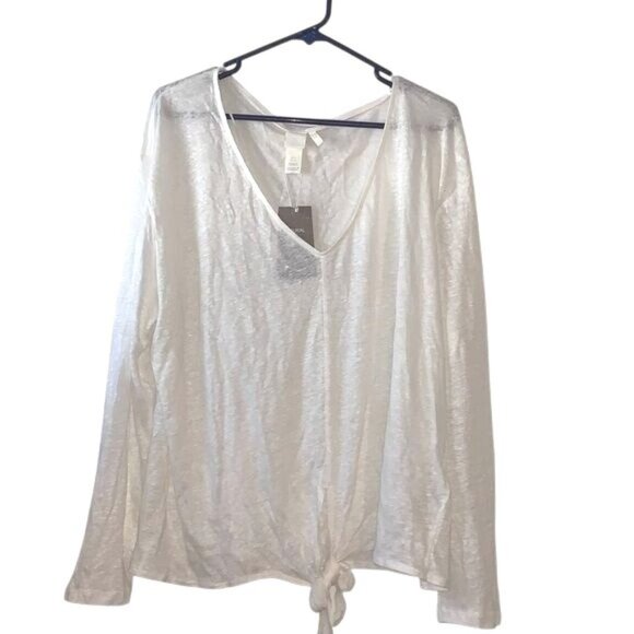 H&M Womens Linen Tie-Front Long Sleeve Top XL White - Picture 1 of 10